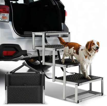 Auto Dynasty Dog Stairs for Car - 4 Steps Wide 31.4in High 25in Foldable Dog Ramp for Car Non-Slip Surface Support up to 150lbs - Suitable for SUV,Truck, Sofas, Bed/Couch