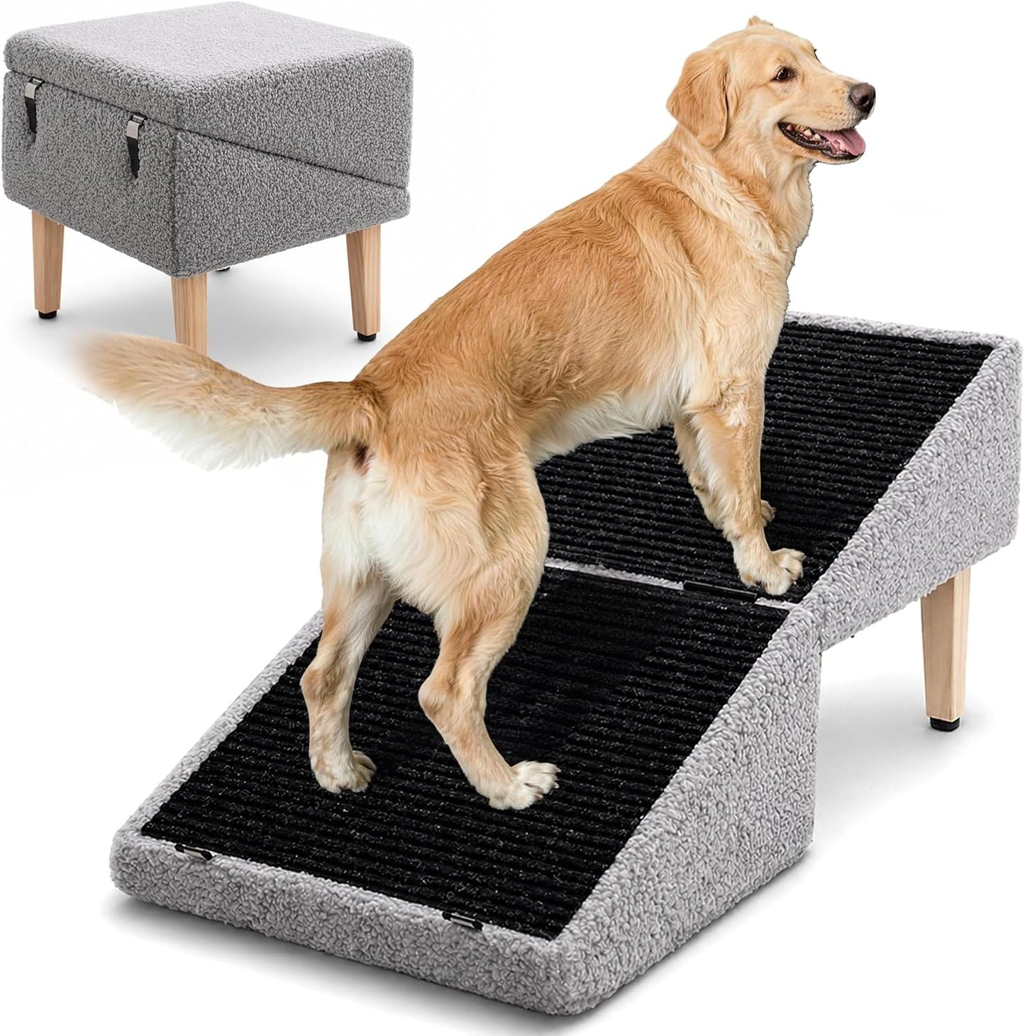 3-in-1 Dog Ramp with Storage 18.9"×17.7"×18.9", Dog Steps Anti-Slip, Foldable Pet Stairs, Ottoman Pet Ramp for Puppy Senior or Injured Dogs & Cats, Supports 220 lbs for Couch & Bed
