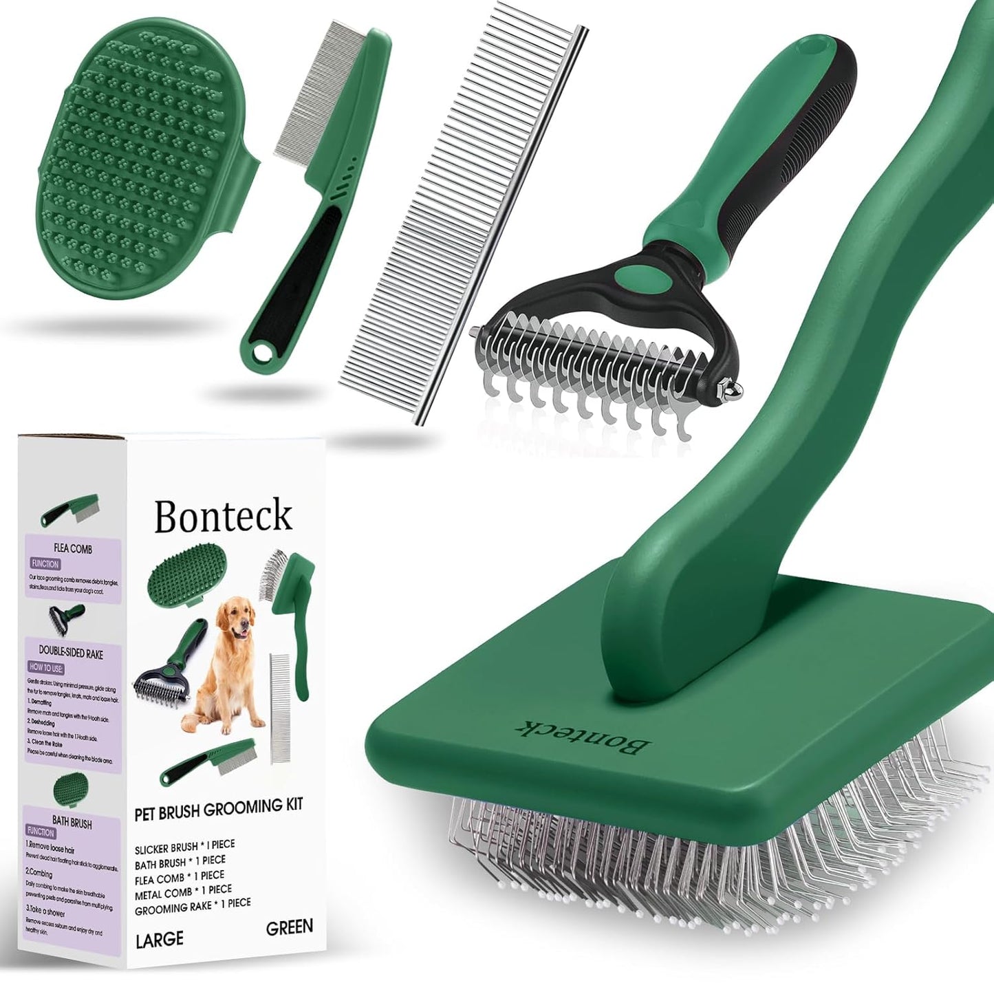 Bonteck Dog Slicker Brush for Dogs Grooming Kit 5PCS | Large Dog Brush for Goldendoodles Poodles Doodles | Long Pin Haired Brush | Poodle Brushes and Comb (Purple)