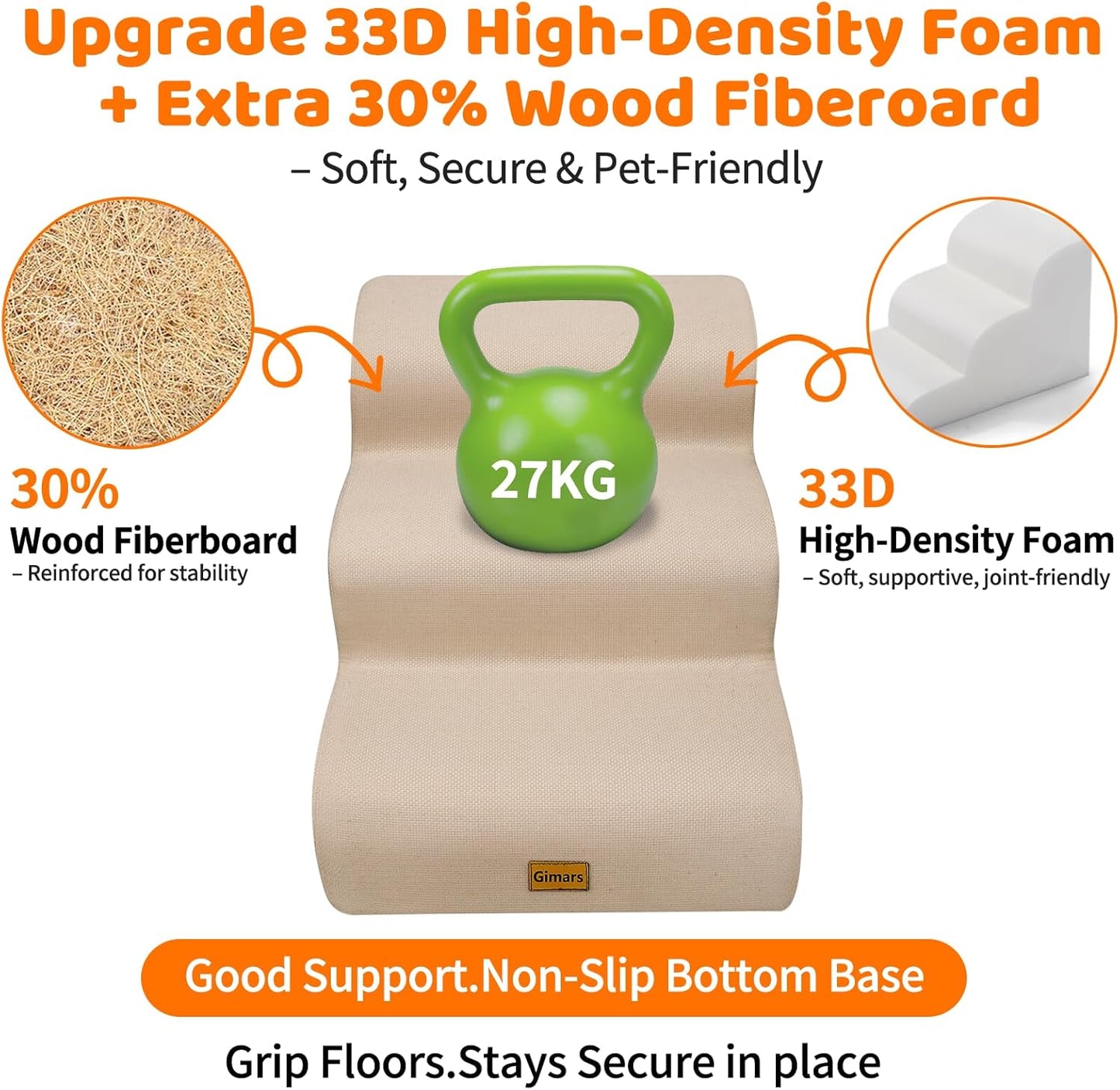 Gimars Upgraded 55CM Long Wide Steps 2 Step Dog Stairs for Small, Medium & Senior Dogs, 30CM High Ramp with 33D High-Density Foam, Linen Cover, Non-Slip Base, Supports 30KG, for Bed & Sofa