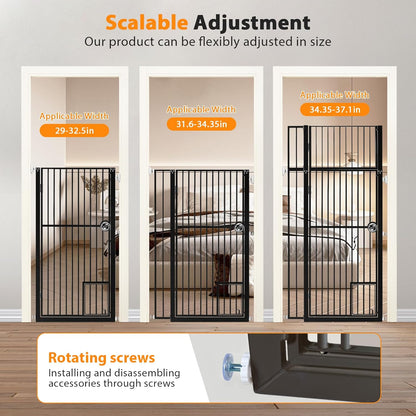71" Extra Tall Pet Gate with Cat Door, Walk Through Pet Gate Pressure Mounted No Drilling, 28.7"-37.5" Wide, Auto Close Metal Safety Barrier for Stairs Hallway House, White