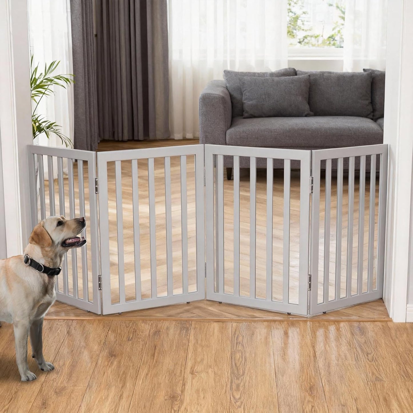 ZJSF Freestanding Indoor Dog Gate for House Foldable Wood Brown Puppy Gate for Doorways Pet Gate for Stairs Extra Wide Pet Fence 24" Height 2 Panels