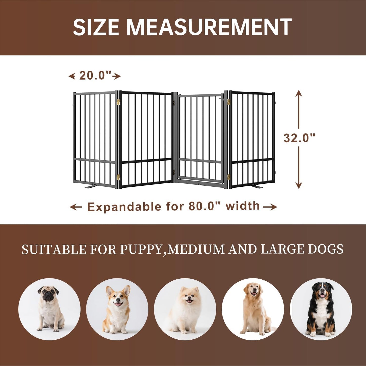 4 Panels Full Metal Freestanding Dog Gates with Door, 80” W x 32” H Folding Pet Gate Fence with Support Feet for Indoor,Stairs, Hallways and Doorways(Black)