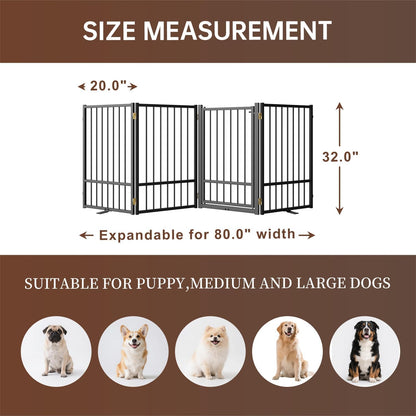 4 Panels Full Metal Freestanding Dog Gates with Door, 80” W x 32” H Folding Pet Gate Fence with Support Feet for Indoor,Stairs, Hallways and Doorways(Black)