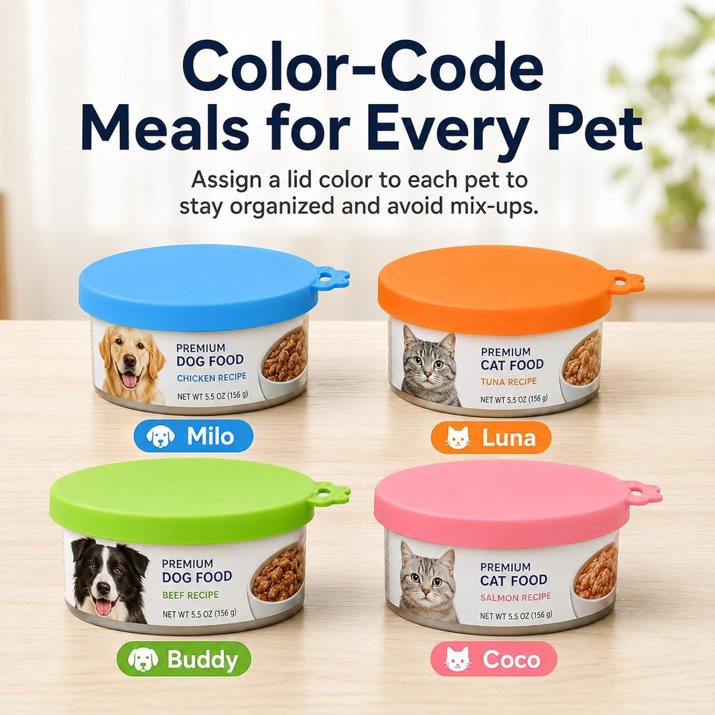 Lydia’s Deal Pet Food Can Covers 2-Pack, Thick Silicone Universal Can Lids for Dog & Cat Food, Fits 3oz/5.5oz/12oz, Airtight Seal, Durable & Dishwasher Safe, Easy Grip with Spoon (Blue & Orange)