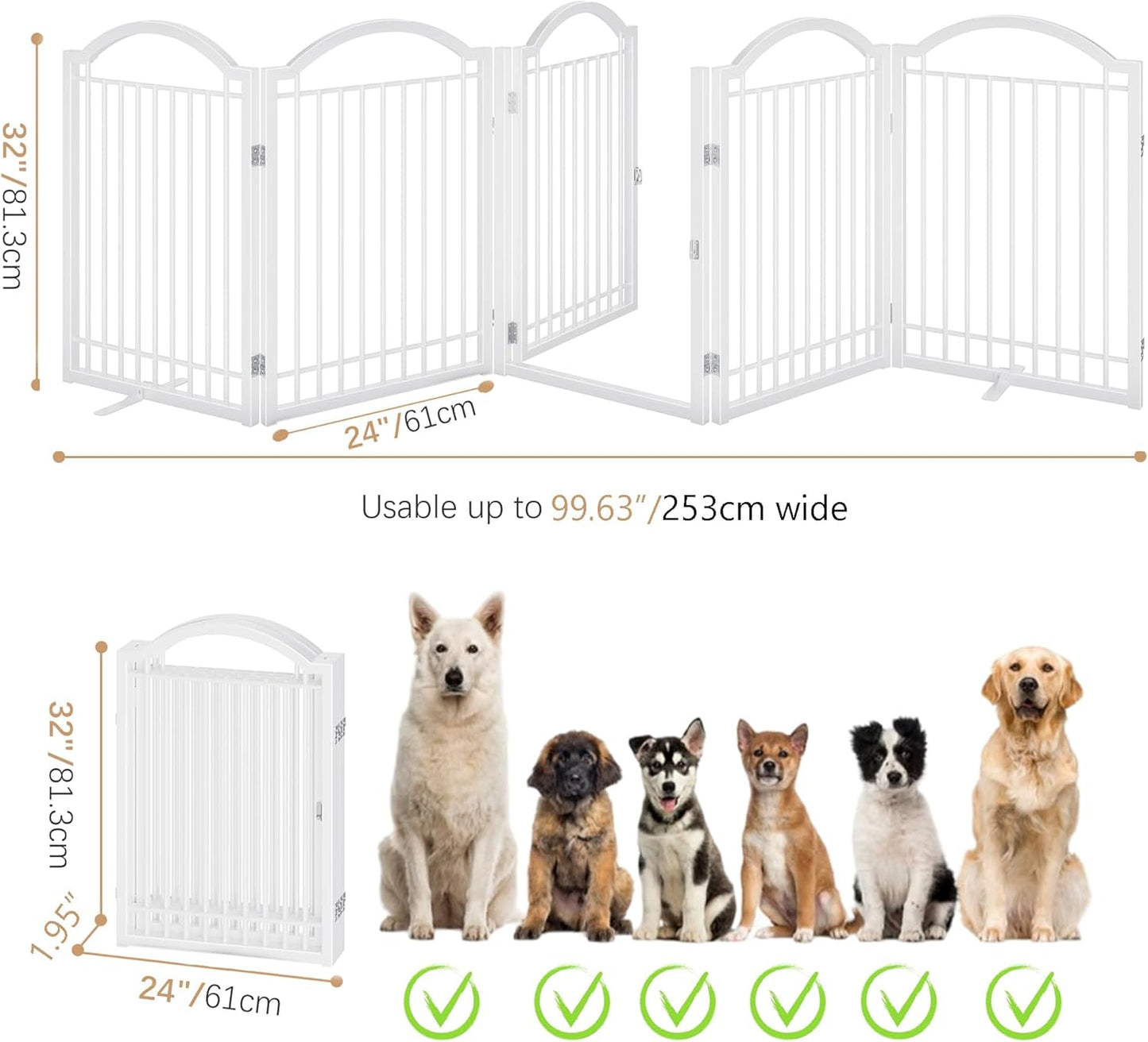 BHG Metal No-Assembly Freestanding Dog Gate with Door Walk Through, Extra Wide 144", Extra Tall 32" Pet Gate, Accordion Puppy Folding Playpen Dog Fence, with 2PCS Support (Black, 6 panesl)