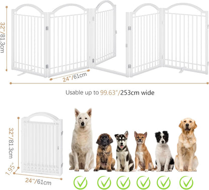 BHG Metal No-Assembly Freestanding Dog Gate with Door Walk Through, Extra Wide 144", Extra Tall 32" Pet Gate, Accordion Puppy Folding Playpen Dog Fence, with 2PCS Support (Black, 6 panesl)