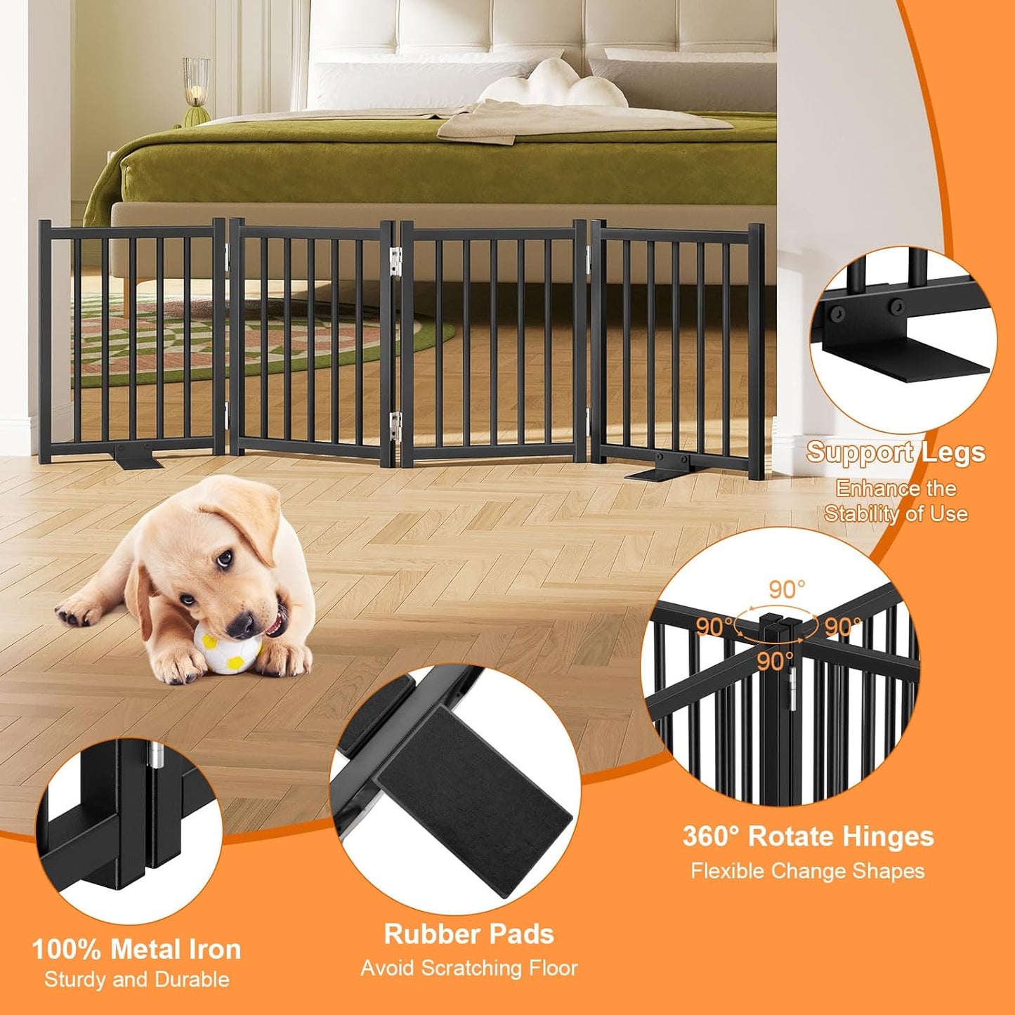 Snughome Short Dog Gate Indoor, 16" High Freestanding Small Dog Door Gates with Support Feet, Expands Up to 48’’ Wide Foldable Pet Gate for Doorway, 4 Panel Folding Pet Door Pet Fence for Puppy, White