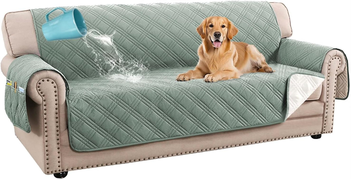 H.VERSAILTEX 100% Waterproof Slipcovers for Couches and Sofas Modern Pet Couch Cover Thick Soft Furniture Protector with Elastic Straps(Sofa, Lily Pad/Beige)