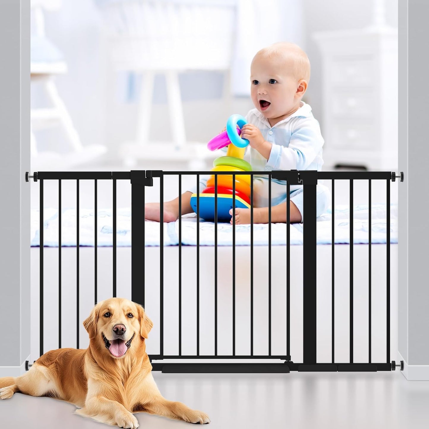 29-42 inches Metal Baby Gate for Stairs/Doorways, 30 inches Tall Pressure Mounted Pet Gates, Auto-Close Child Safety Gate, No Drilling Easy Walk-Through Dog Gate Indoor, Black