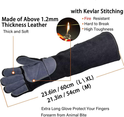 WZQH 23.6 In Leather Welding Gloves for Animal Handling,Grabbing Reptile, Grooming,Trips to Vet,BBQ,Fireplace.Puncture & Scratch Resistant, Bite Proof for Cat Dog Bird Falcon Livestock Snake L Black