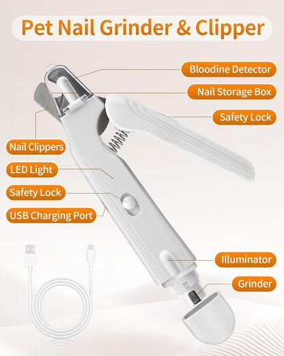 2-in-1 Cat Nail Clippers & Grinder with Light, Quiet Electric Dog Nail Trimmer with Safety Guard & Quick Sensor Prevent Overcutting, USB Rechargeable for Small Medium Large Pets