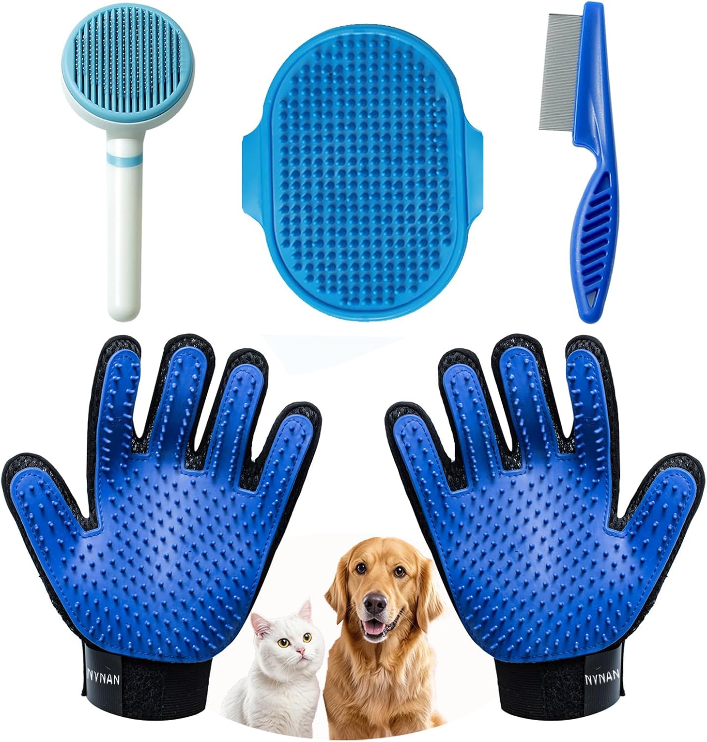 NVNAN Pet Hair Removal Glove for Dogs & Cats, 2-in-1 Deshedding Brush & Massage Mitt - Grooming Gloves for Shedding Control, Bathing and Washing, Safe for Short/Long Hair Pets 2-Pack (Blue)