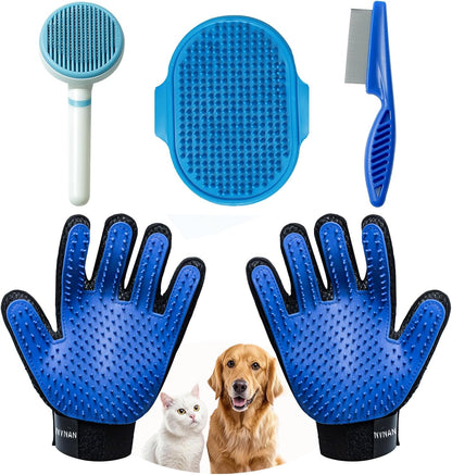 NVNAN Pet Hair Removal Glove for Dogs & Cats, 2-in-1 Deshedding Brush & Massage Mitt - Grooming Gloves for Shedding Control, Bathing and Washing, Safe for Short/Long Hair Pets 2-Pack (Blue)