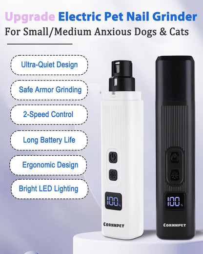 Electric Dog Nail Grinder with 2 Level LED Lights, 2 Speed 30dB Super Quiet and Low Vibration Turbo Charge Pet Nail Grinder for Small Dogs and Cats - White