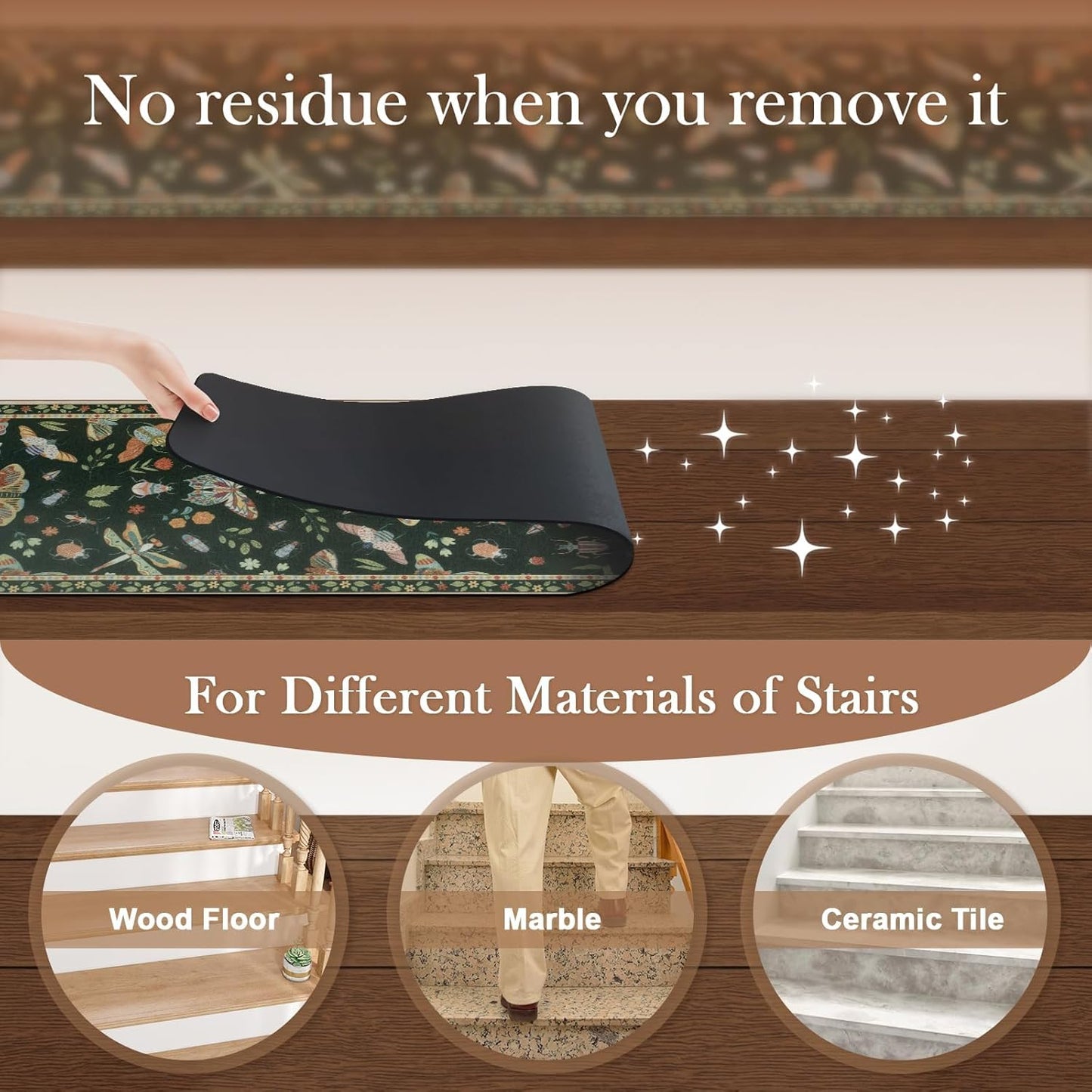 OJIA Insect Print Stair Treads Non Slip Stair Runners for Wooden Steps Indoor, 15PCS 8"x30" Rubber Backing Carpet Treads for Wood Stairs Staircase Step Treads for Kids & Dogs, Stair Covers, Black
