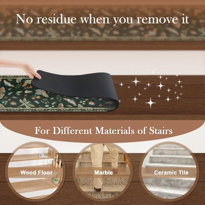 OJIA Insect Print Stair Treads Non Slip Stair Runners for Wooden Steps Indoor, 15PCS 8"x30" Rubber Backing Carpet Treads for Wood Stairs Staircase Step Treads for Kids & Dogs, Stair Covers, Black