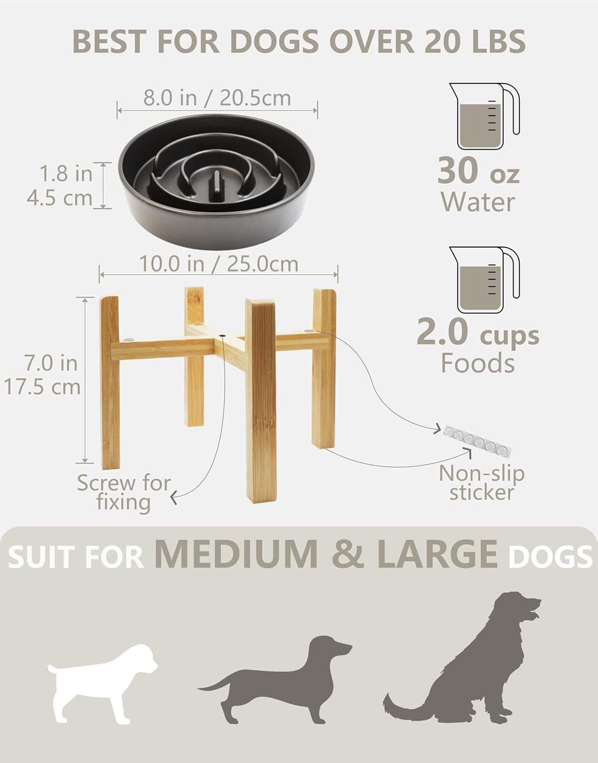 Ceramic Slow Feeder Dog Bowls, 2.0 Cups Slow Feeder for Medium Dogs, Puzzle Maze Bowl to Slow Down Eating, 30oz, 8in, White