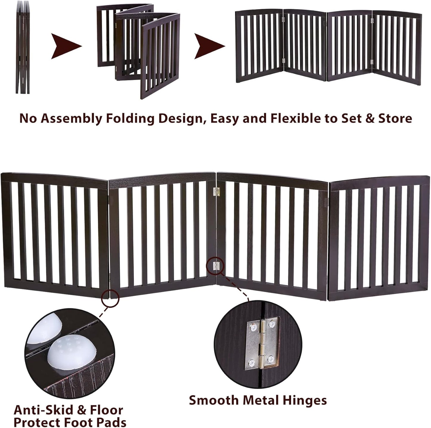 Nouva 36" H Pet Gate, 3 Panels Indoor Foldable Dog Fence, Dog Gate for Stairs Doorways, Hardwood Pet Gate, Freestanding Pet Fence, White