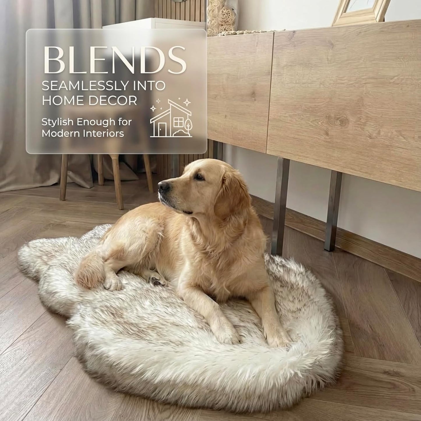 IHAPPYDOG Luxury Faux Fur Orthopedic Dog Bed, Memory Foam Dog Bed for Small, Medium, Large and XL Pets, Fluffy Pet Bed with Waterproof and Washable Cover (White w/Brown Tips, 50"x30")