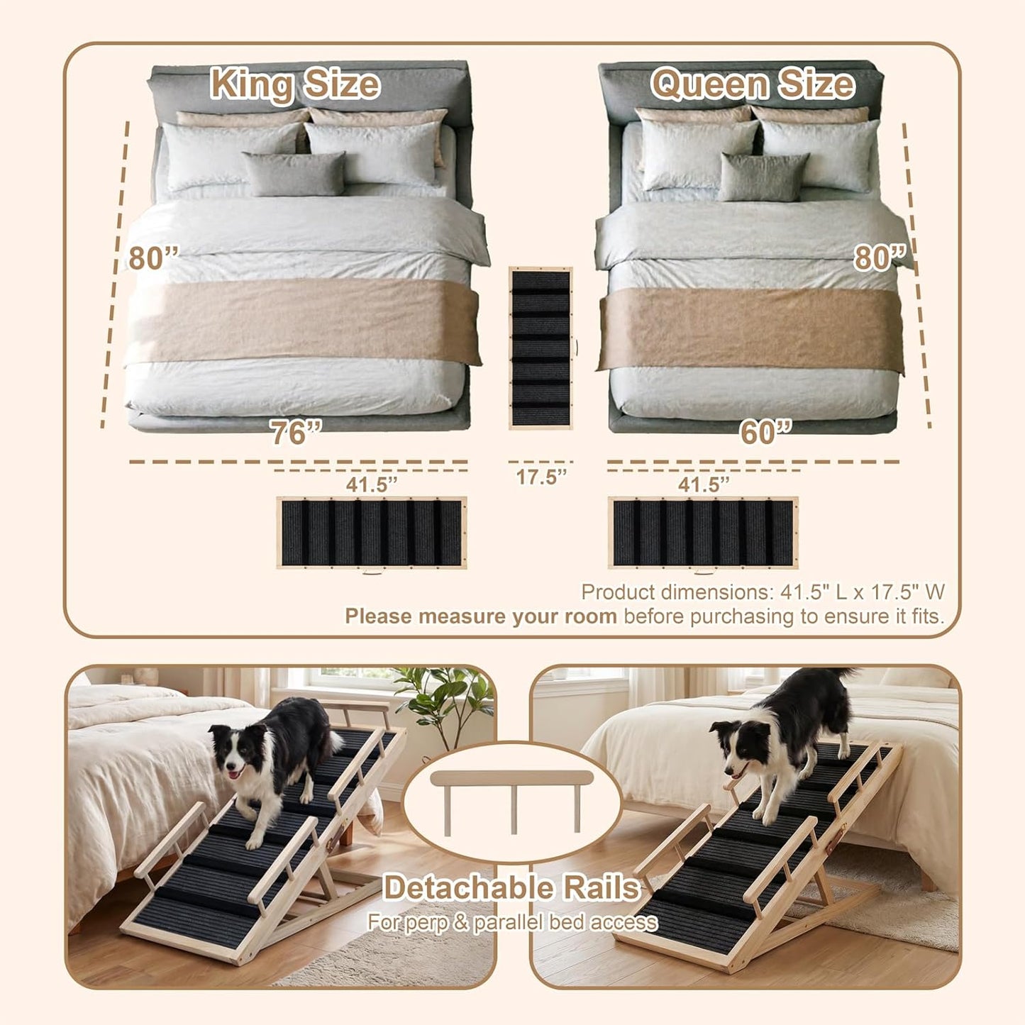 Dog Ramp for Bed, for Couch, 47.24" Long Wooden Pet Ramp for Small & Large Dogs to Get on Bed Couch Car Up to 200LBS, 4 Adjustable Heights (13.7"-24.6"), Foldable Dog Bed Ramp with Anti-Slip Surface