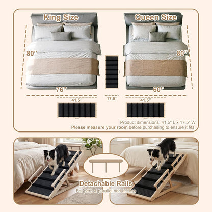 Dog Ramp for Bed, for Couch, 47.24" Long Wooden Pet Ramp for Small & Large Dogs to Get on Bed Couch Car Up to 200LBS, 4 Adjustable Heights (13.7"-24.6"), Foldable Dog Bed Ramp with Anti-Slip Surface