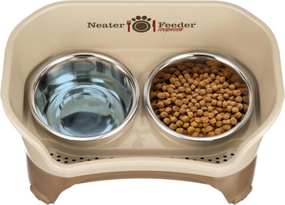 Neater Feeder Express Mess Proof Dog Bowls Elevated for Small Breeds under 15 Lb, Made in USA, No Spill Raised Dog Food Bowl Stand, Stainless Steel Food and Water Bowl Set, Feeding Station, Cappuccino