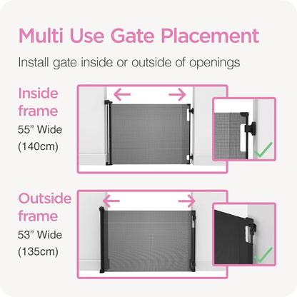 Retractable Baby Gate Perma Child Safety 33" Tall x 55” Wide, Mesh, for Stairs, Doorways, Dogs, Pets, Indoor, Outdoor, One-Handed Operation, Locking, Easy Install, Hardware Mount, Black