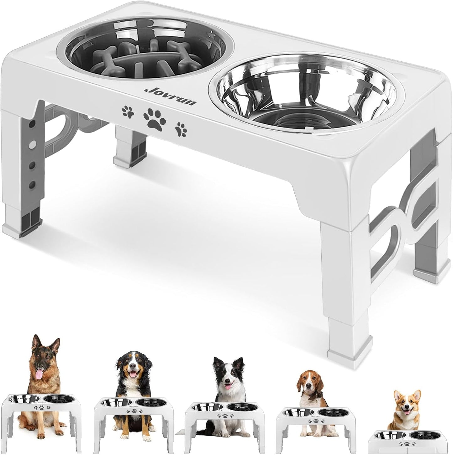 Jovrun Elevated Dog Bowls for Small Dogs and Cats, Non-Slip Cat Bowls with 2 Thick 5.5" Stainless Steel Dishes, Dog Feeder 2 Heights Adjustable to 2.6"-5.3"