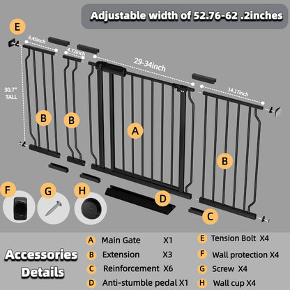 Extra Wide Baby Gate with Door, 52.76~62.2 Inch Wide Presure Mounted No Drill Metal Auto Close Child Gate for Stair Doorway - Indoor Outdoor Safty Gate for Toddler Dog Doggie, Black