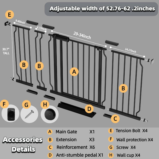 Extra Wide Baby Gate with Door, 52.76~62.2 Inch Wide Presure Mounted No Drill Metal Auto Close Child Gate for Stair Doorway - Indoor Outdoor Safty Gate for Toddler Dog Doggie, Black