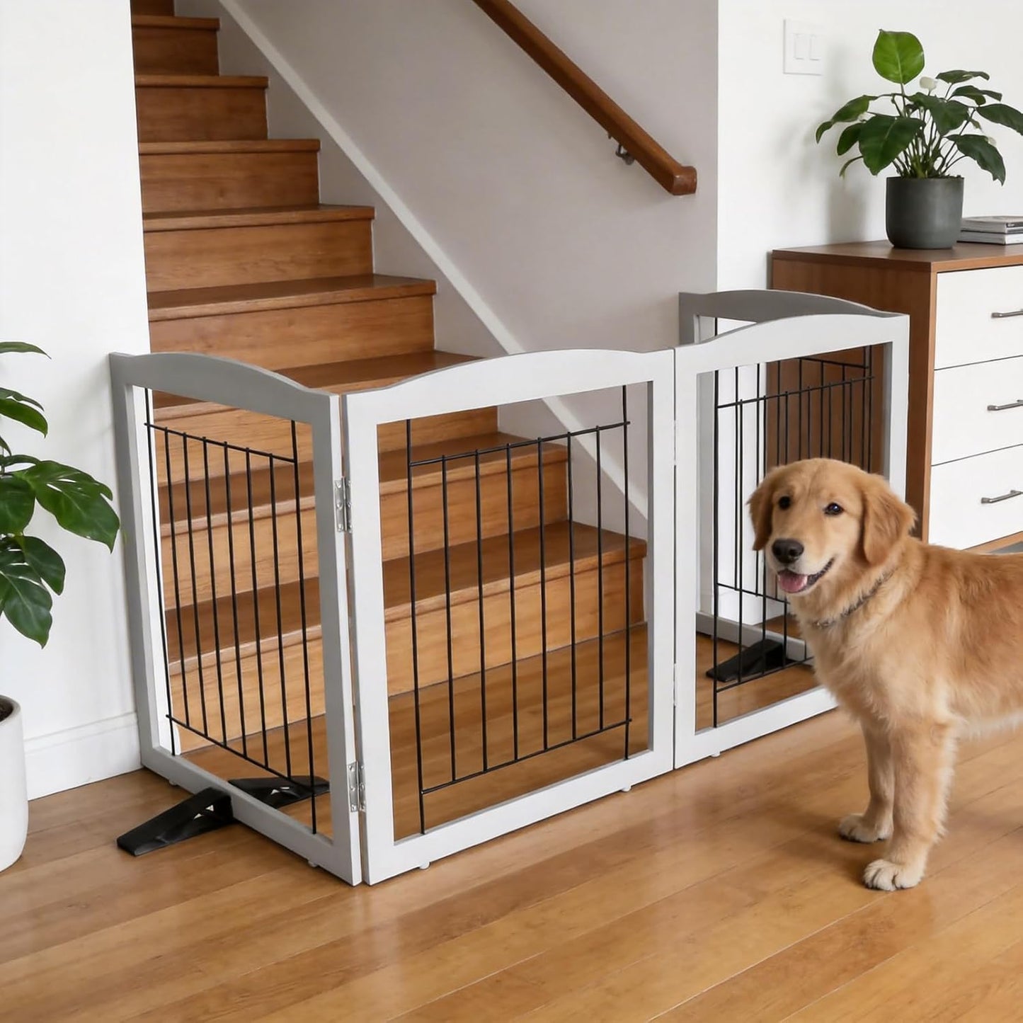 ZJSF Freestanding Dog Fence Indoor, Foldable Dog Gate for Doorways, Stairs or Hallways, Sturdy Wood Extra Wide Pet Gate with Support Feet for The House, White, 24 "Height-3 Panels