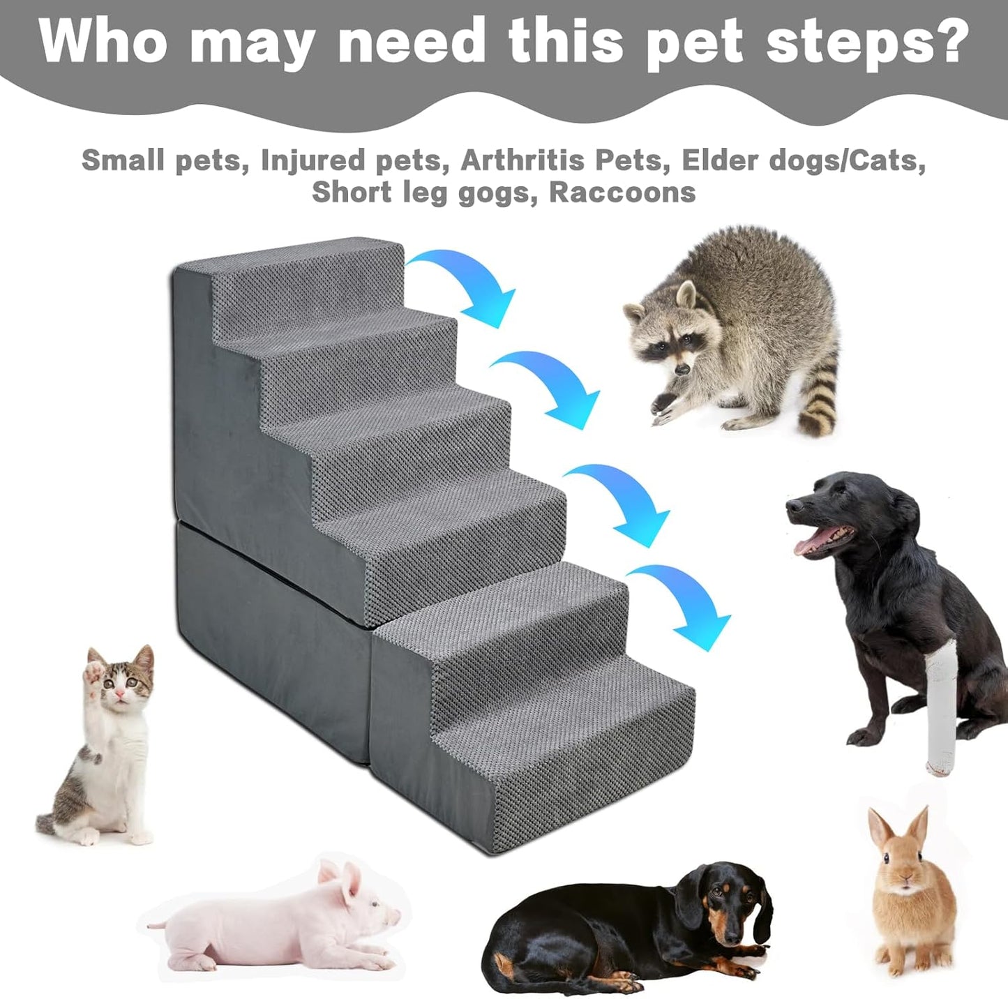 Dog Stairs for High Beds 30-36 inches Tall, 6-Step Dog Steps for Bed 32-36 inches for Small Large Dogs, Doggie Ramp for Bed, 30D Foam Pet Stairs for Old Dogs/Cats, Free-Installation, Grey