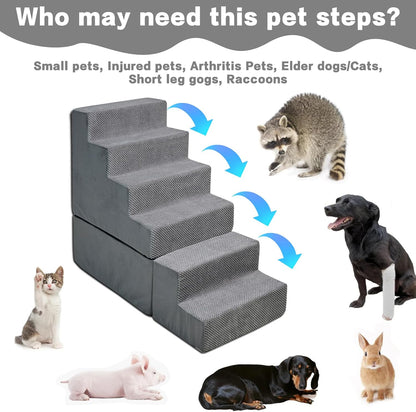 Dog Stairs for High Beds 30-36 inches Tall, 6-Step Dog Steps for Bed 32-36 inches for Small Large Dogs, Doggie Ramp for Bed, 30D Foam Pet Stairs for Old Dogs/Cats, Free-Installation, Grey
