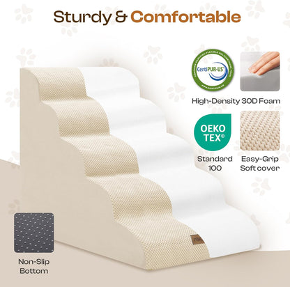 Extra Wide Dog Stairs for Large Dogs Up to 80lbs, 25" Pet Steps for High Bed with Washable Cover, 5-Step Foam Bed & Couch Ladder for Small Medium Dogs & Senior Cat, Gray