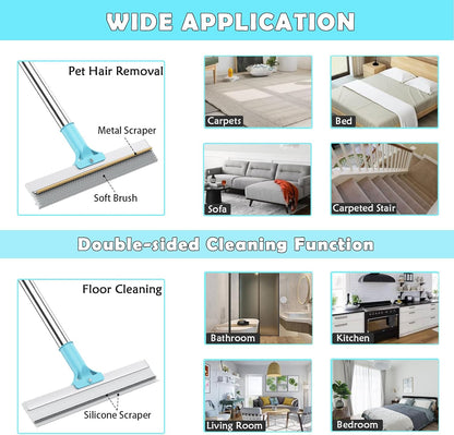 Hotsky Carpet Rake for Pet Hair Removal,3 in 1 Reusable Silicone Carpet Broom,54 inch Adjustable Cat Dog Hair Remover Tool with Lint Scraper and Patented Design for Rugs,Mats,Sofas,Floors