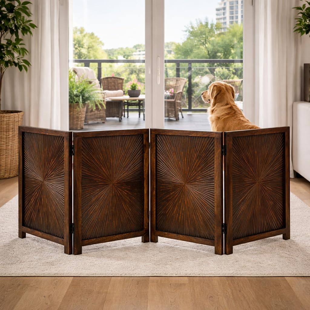 Freestanding Pet Gate for Dogs, Foldable Wooden Dog Gate for House, Indoor Dog Gate for Stair, Doorway, House Design Gates for Dogs Indoor, 72 Inch Wide, (18" x4 Panels 72 inch), Burnt Finish