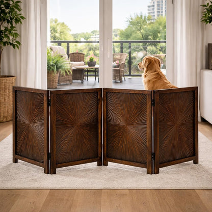 Freestanding Pet Gate for Dogs, Foldable Wooden Dog Gate for House, Indoor Dog Gate for Stair, Doorway, House Design Gates for Dogs Indoor, 72 Inch Wide, (18" x4 Panels 72 inch), Burnt Finish