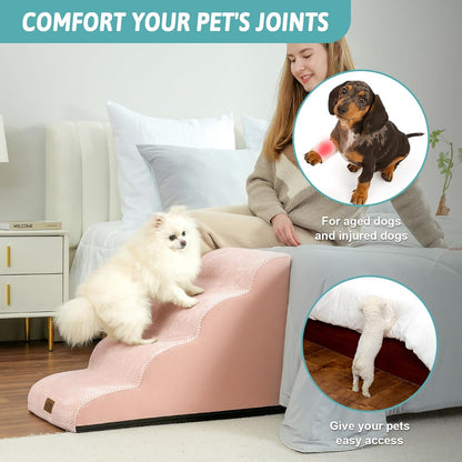 COZY KISS Dog Stairs for Small Dogs 15.7" H, Curved Dog Step for Puppy, Older Cat, Medium Pet Ramp for Sofa, Couch or Chair, Ladder with High Density Foam, 3 Step, 15.7x22.4x15.7 inch, Beige