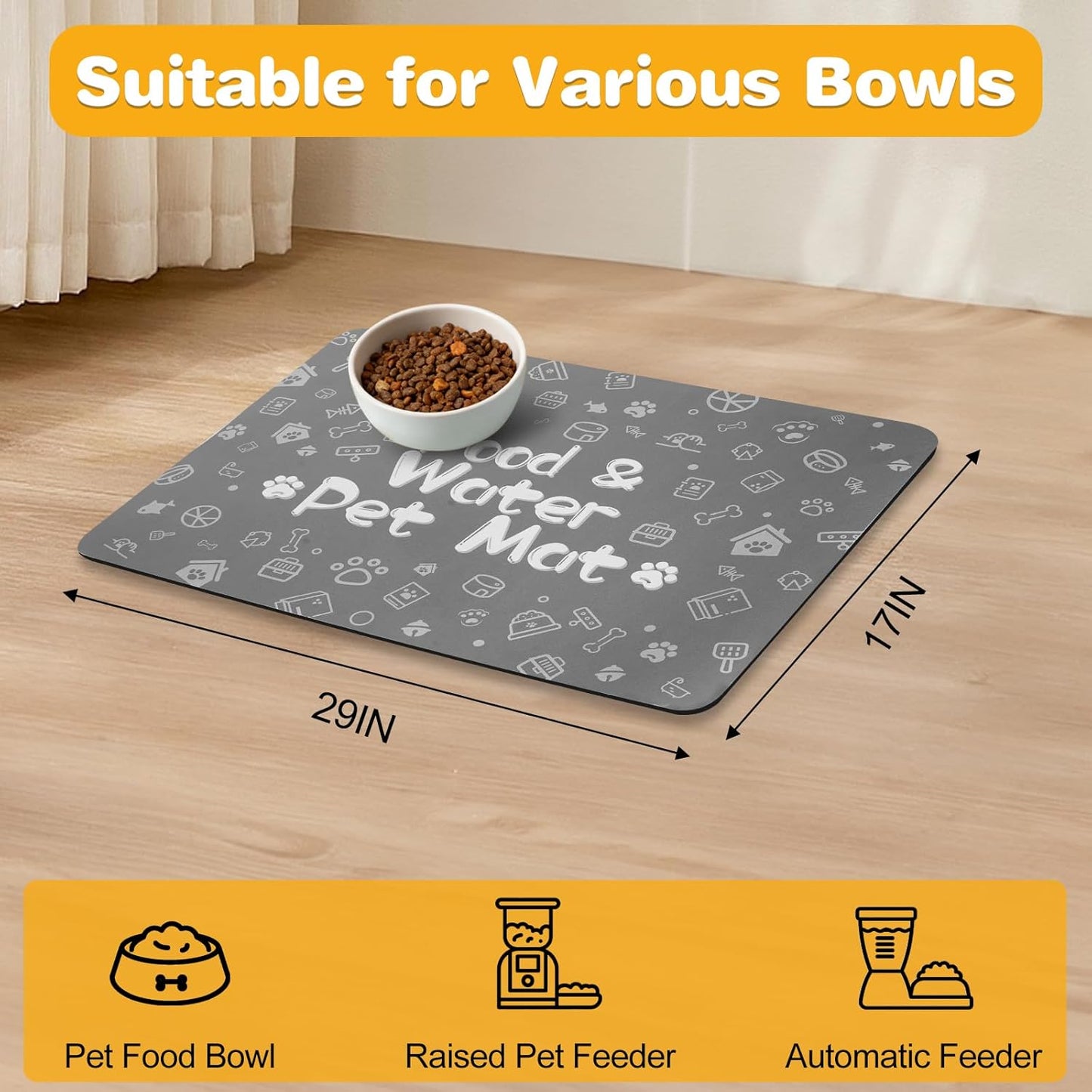 Pet Feeding Mat,Dog Cat Mat for Food and Water,Dog Bowl Waterproof Placemat with Rubber Backing,Absorbent Quick Dry Water Dispenser Mat for Pet（Dark Gray 12"×18"）