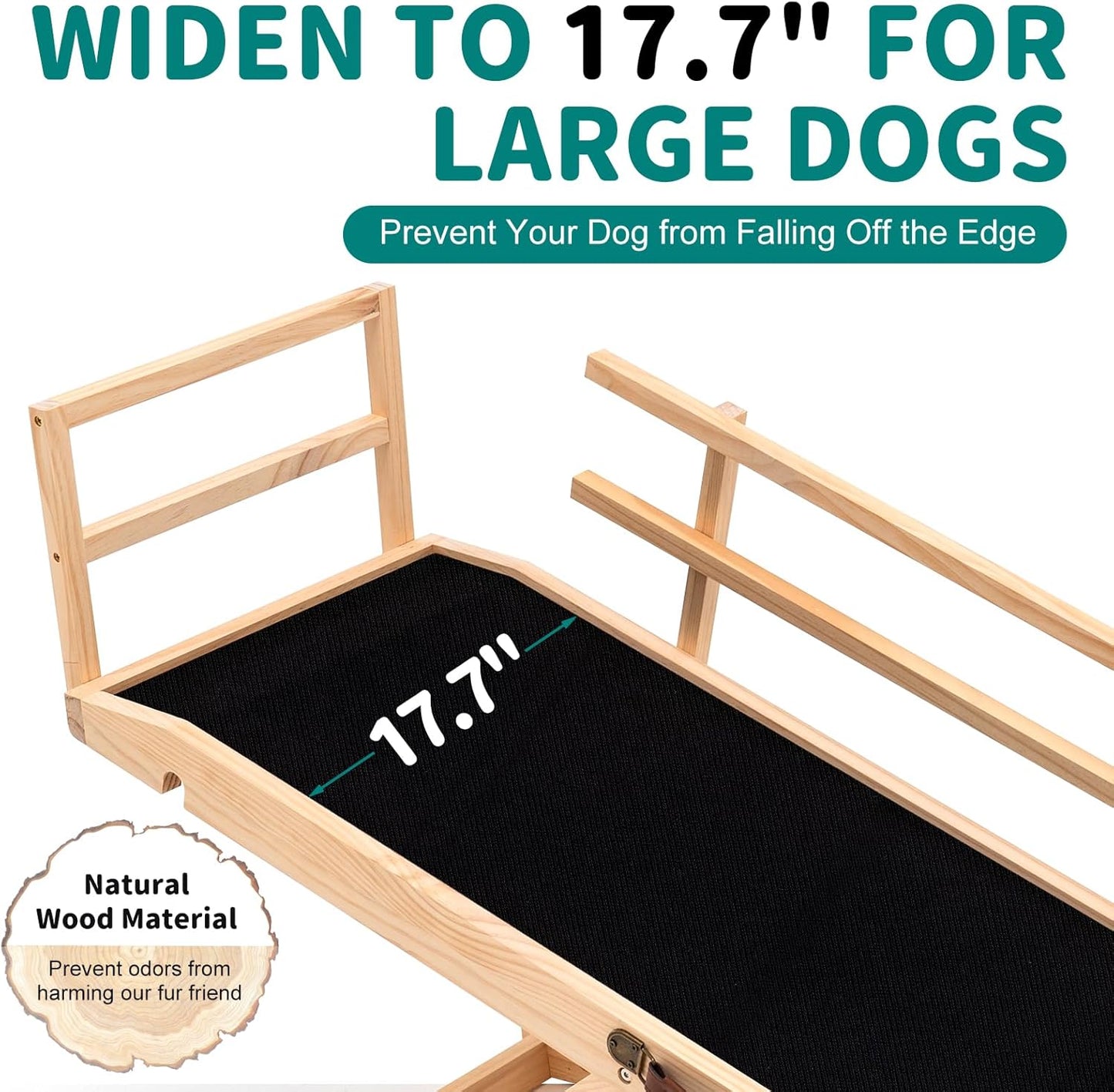 Dog Ramp for Bed, Adjustable Pet Ramps for Dog to Get on Bed, Non-Slip Rubber Surface - Folding Wooden Dog Ramp for Small/Large/Old Dogs, Adjustable up to 27.5 inch High Beds, Safety Railings