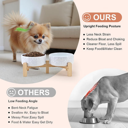 SPUNKYJUNKY Elevated Dog Bowls Ceramic, 6.1'' Dogs and Cat Food Water Bowls Raised with Non-Slip Bamboo Stand for Medium Sized Breed Microwave Dishwasher Safe - 28.7 OZ,Beige