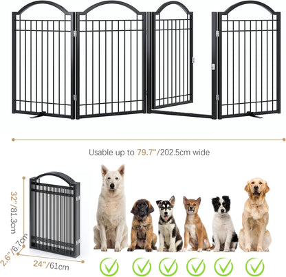 BHG Metal No-Assembly Freestanding Dog Gate with Door Walk Through, Extra Wide 144", Extra Tall 32" Pet Gate, Accordion Puppy Folding Playpen Dog Fence, with 2PCS Support (Black, 6 panesl)