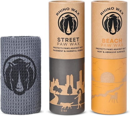 Rhino Wax - Dog Paw Protection for Beaches and Streets (2 Tubes + Cloth) - Summer Care Pack to Protect Your Pupper Against Hot Pavement, Sharp Rocks, Sand, Beach Hazards - Natural Ingredients - USA
