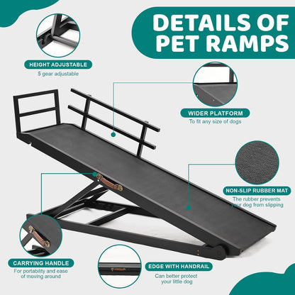 Dog Ramp for Bed, Adjustable Pet Ramps for Dog to Get on Bed, Non-Slip Rubber Surface - Folding Wooden Dog Ramp for Small/Large/Old Dogs, Adjustable up to 27.5 inch High Beds, Safety Railings