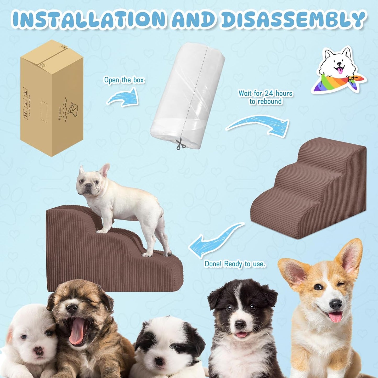 Mesa Lemon Dog Stairs & Steps for High Beds, 3 Steps High Density Foam Waterproof Dog Ramp for Small Dogs and Cats, Pet Stairs with Removable Washable Cover for Bed, Couch, Sofa and Car (H:16")