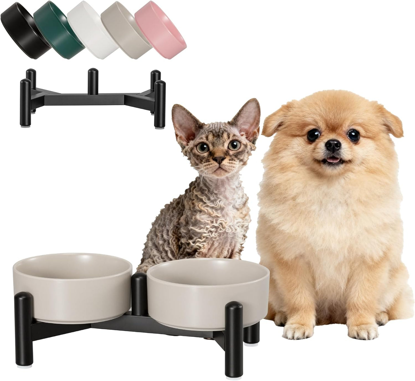 Raised Ceramic Dog Bowl Set - Elevated Double Dishes with Stainless Steel Stand - Food and Water Bowls for Small to Medium Dogs - Each Holds 3.5 Cups (29.57 fl oz) - White