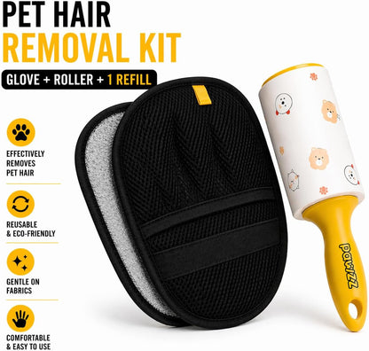 PAWZZ Shed Happens Pet Hair Removal Glove for Dogs & Cats, Great for Deshedding & Removing Fur from Couch, Carpet, Car Seats & Clothing, with Bonus Lint Roller