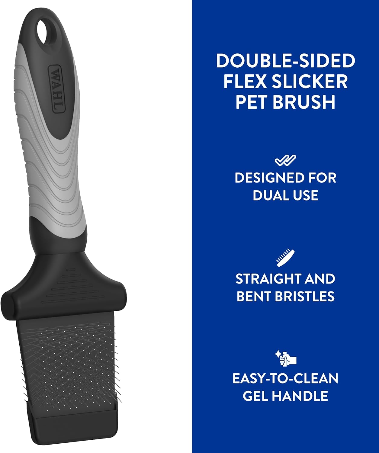 WAHL Professional Animal Double-Sided Flex Slicker Brush for Dogs & Cats (#858478) - Durable Pin Brush for Long-Haired Breeds like Bichon Frises & Collies - Ergonomic Black & Gray Grooming Tool