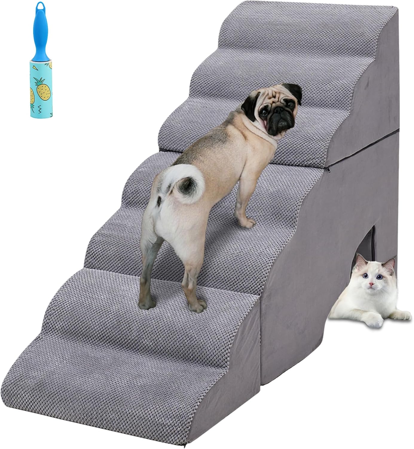 Dog Stairs for High Beds 30-36 inches Tall, 6-Step Dog Steps for Bed 32-36 inches for Small Large Dogs, Doggie Ramp for Bed, 30D Foam Pet Stairs for Old Dogs/Cats, Free-Installation, Grey